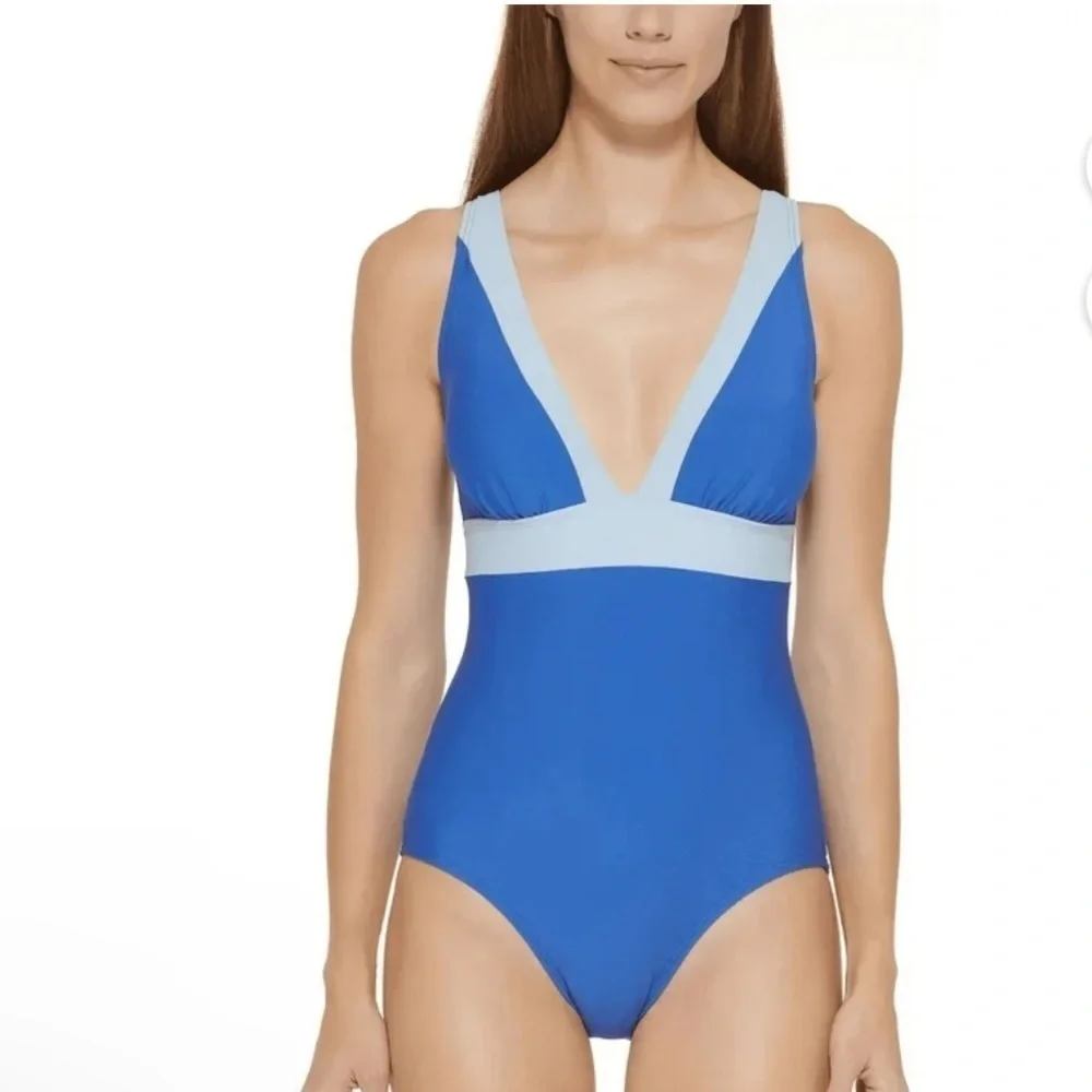DKNY Lapis Blue Colorblock One Piece Swimsuit Size 8 - Picture 1 of 13